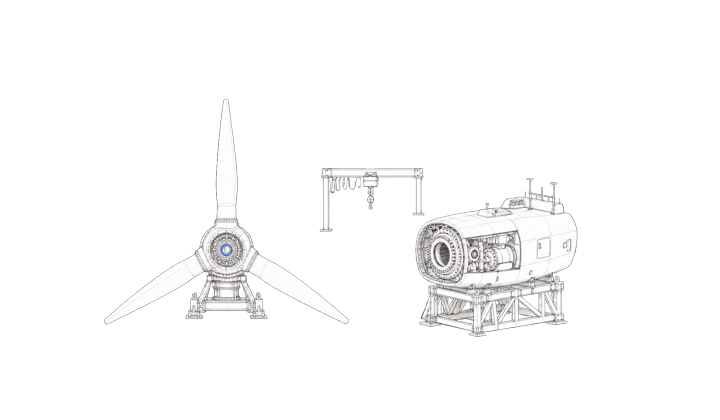 Line drawing of a complex wind-turbine assembly area with nacelle, rotor, and workstations