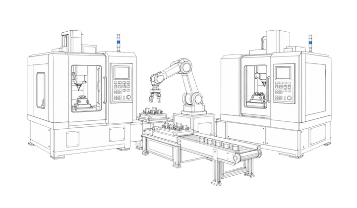 Line drawing of a discrete manufacturing cell with CNC equipment, robotics, and conveyors