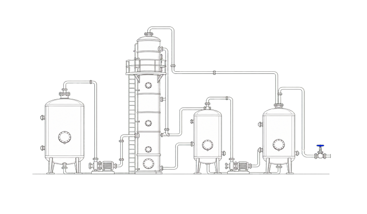 Line drawing of a process manufacturing installation with tanks, columns, pumps, and pipework